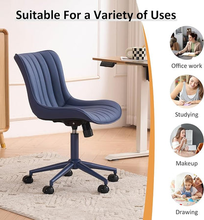 YOUNIKE Office Desk Chair with Wheels Armless Vanity Chair with Back Comfy Leather Upholstered Rolling Task Chair Swivel Small Cute Sewing Chair No Arms Wide Ergonomic Mid-Century Modern Navy Blue