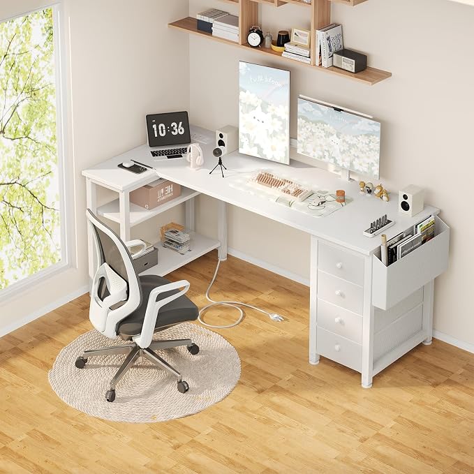 Lufeiya White L Shaped Desk with Drawers & Storage Shelves, 55 Inch Corner Computer Desk with Power Outlet for Home Office Bedroom, L-Shaped Teen PC Desks with Fabric Drawer, White