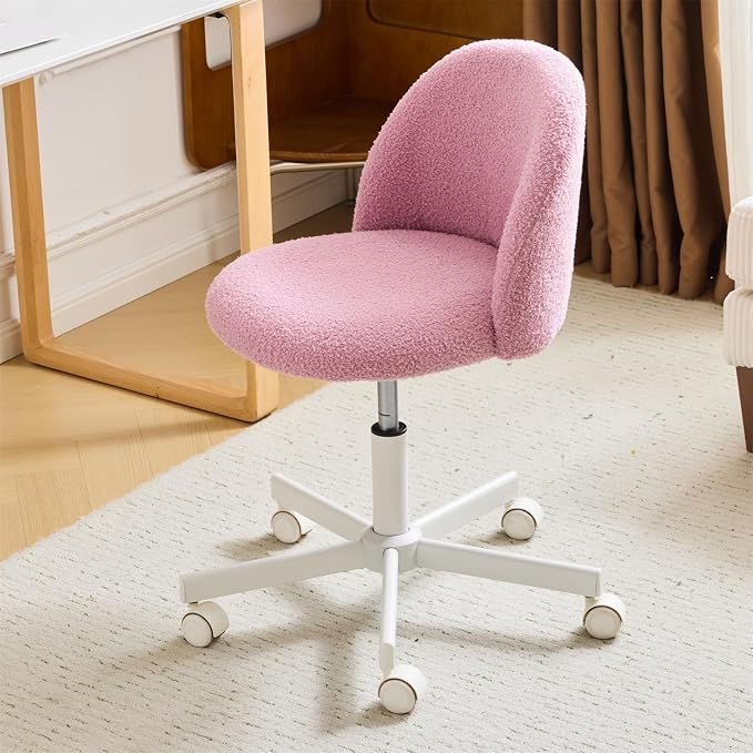 VINGLI Candy Chair Armless Cute Desk Chair,Comfy Small Office Chair with Wheels,Vanity Chair Lumbar Support,Teddy Adjustable Rolling Swivel Computer Task Chair for Home Office,Bedroom,Lilac Purple
