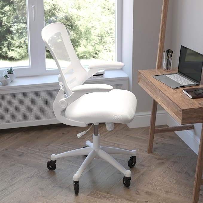 Flash Furniture Kelista Mid-Back White Mesh Swivel Ergonomic Task Office Chair with White Frame, Flip-Up Arms, and Transparent Roller Wheels