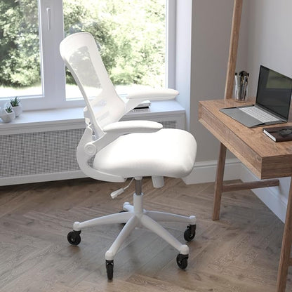 Flash Furniture Kelista Mid-Back White Mesh Swivel Ergonomic Task Office Chair with White Frame, Flip-Up Arms, and Transparent Roller Wheels