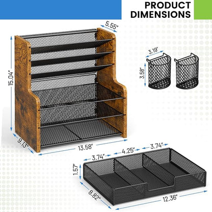 DAOUTIME 6-Tier Mesh Desk Organizer with Drawer, Wooden Office Organizer for Papers, Folders & Office Supplies - Sturdy Desktop File Holder with 2 Pen Holders - Space Saving Home Office Accessories