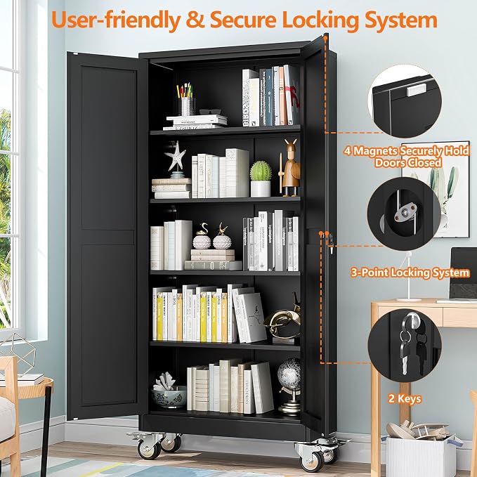 pozdeg 71" Metal Garage Storage Cabinets with Wheels, Lockable Rolling File Cabinets with 2 Doors and 4 Adjustable Shelves, Steel Tool Organizer Locker for Office Home Garage Gym School, Black