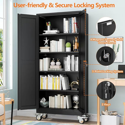 pozdeg 71" Metal Garage Storage Cabinets with Wheels, Lockable Rolling File Cabinets with 2 Doors and 4 Adjustable Shelves, Steel Tool Organizer Locker for Office Home Garage Gym School, Black