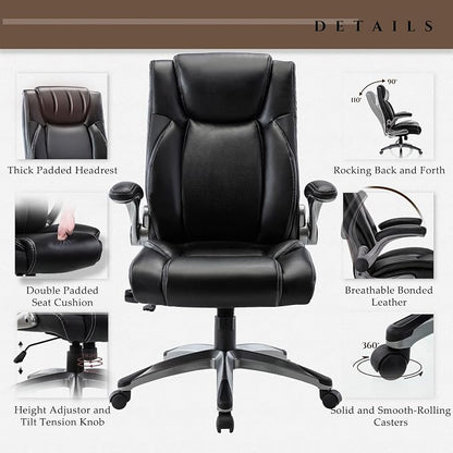 COLAMY Executive Office Ergonomic Chair with Thick Bonded Leather, 300lbs Capacity Big and Tall High Back Desk Chair with Flip-up Armrests, Adjustable Height and Tilt for Working, Study, Gaming,2PC