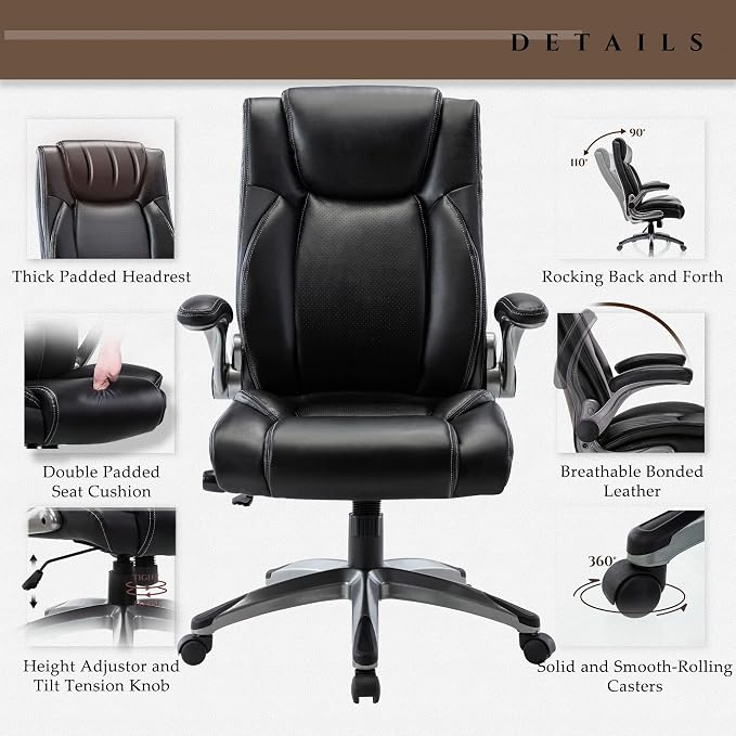 Office Chair Ergonomic Computer Chair, Executive Desk Chair with Adjustable Lumbar Support and Flip-up Arms, Swivel Rolling Work Chair-Black