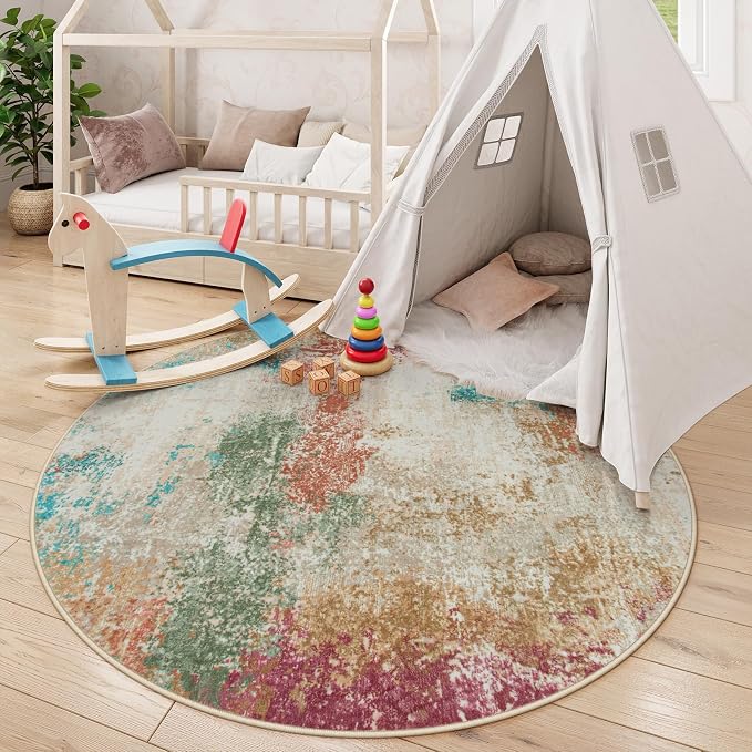 Lahome Modern Abstract Round Rugs for Living Room, 5ft Washable Ultra Thin Round Area Rug Non Slip, Multi Color 5x5 Circle Throw Carpet for Office Bedroom Dining Room Under Table