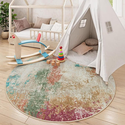 Lahome Modern Abstract Round Rugs for Living Room, 5ft Washable Ultra Thin Round Area Rug Non Slip, Multi Color 5x5 Circle Throw Carpet for Office Bedroom Dining Room Under Table