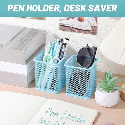 Segarty Pen Holder for Desk, 3 Pack Square Light Blue Pencil Holder, Wire Mesh Pen Cup Container Set Desktop Organizer for Office Supplies, School Students, Home Storage, Brush Organization
