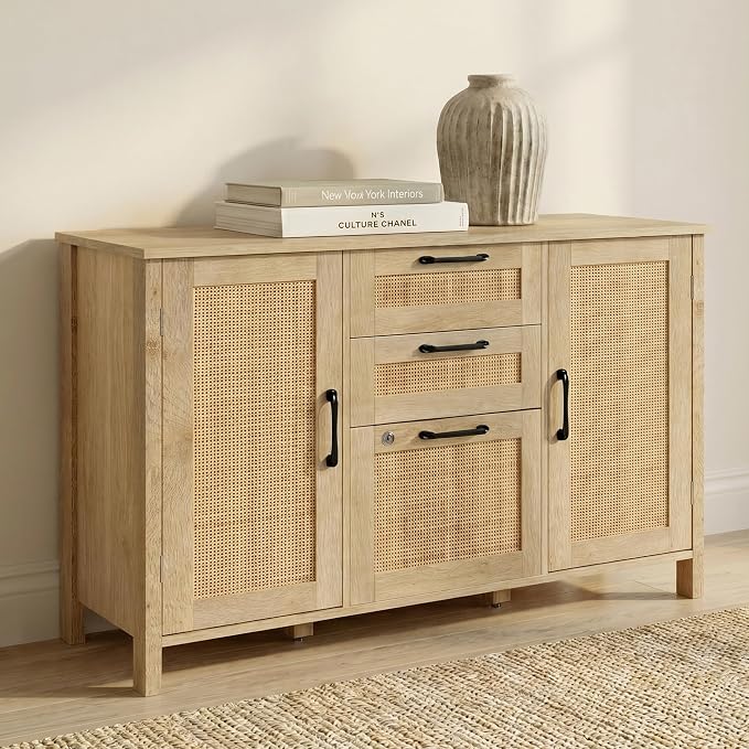 Lateral File Cabinets for Home Office, 3 Drawer and 2 Doors Filing Cabinet with Lock, Wide Rattan Filing Organization Storage Cabinets with Printer Stand for Hanging Files/A4/F4 Size, Natural Wood
