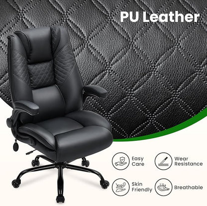 500lbs Big and Tall Office Chair with Inflatable Lumbar Support, Rubber Wheels Executive Chair with Rocking Function, High Back Wide Cushion Leather Ergonomic Computer Desk Chair for All-Day Sitting