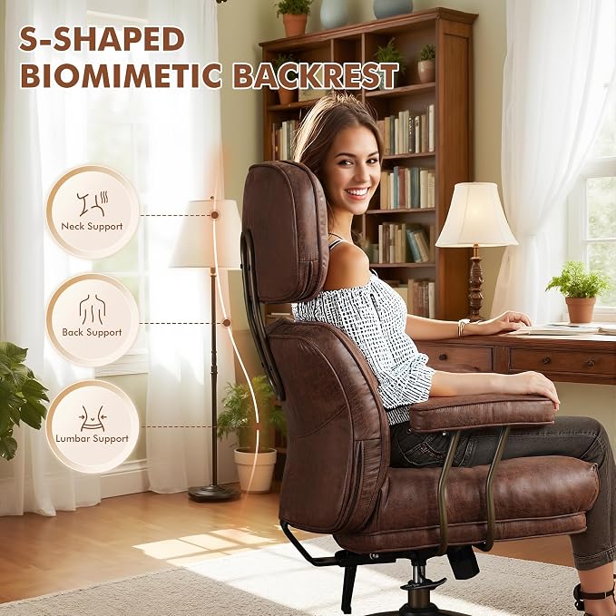 Faux Leather Executive Office Chair - Big and Tall Ergonomic Home Office Chair, Computer Desk Chair w/Lumbar Support,Adjustable Task Chair Swivel Rolling Chair with Wheels,Suede,Dark Brown