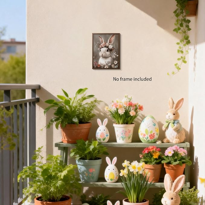 WIARTSH Vintage Easter Bunny Wall Art Poster, White Bunny with Flower Crown Canvas Prints, Cottage Farmhouse Animal Artwork, Rustic Easter Wall Decor for Kids Room Bedroom Living Room 8x10in Unframed
