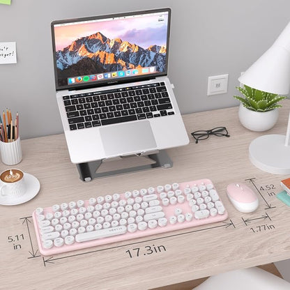 UBOTIE Colorful Wireless Keyboard and Mouse Combos, Retro Typewriter Floating Flexible Full-Sized Keys Computer Keyboard with Optical Mouse, 2.4GHz USB-A Connection for Windows Mac (Pink-White)
