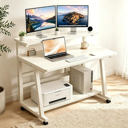 47.2 Inch Compact Rolling Computer Desk with Tier Worktable & Lockable Wheels, Small Computer Desk, Small Desk for Bedroom, Mobile Writing Workstation Easy Assembly for Home Office Small Spaces
