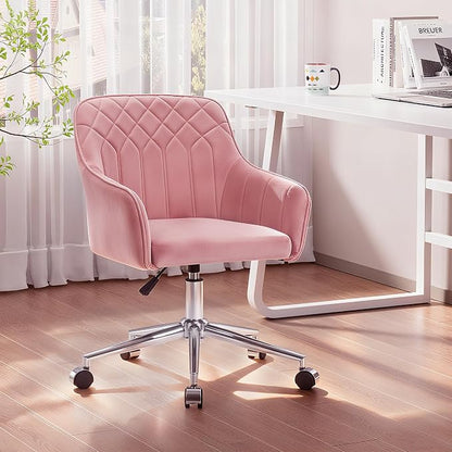 VECELO Modern Velvet Swivel Home Office Desk Chair with Back & Rolling Wheels, Adjustable Seat Height for Girls Women Bed Room Vanity Makeup/Task/Computer Work, Pink