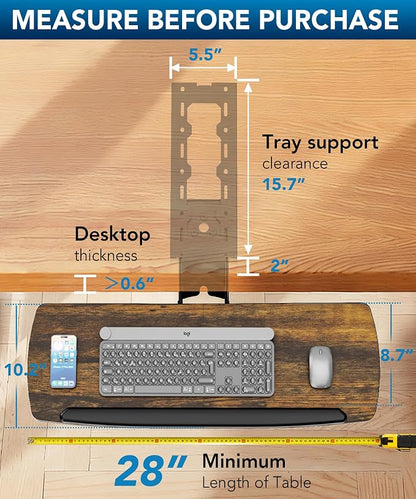 Keyboard Tray Under Desk with Storage Drawer, Height Adjustable Keyboard Tray Slide Out 360° Swivel Tilt, Ergonomic Under Desk Mount Keyboard & Mouse Holder for Gaming Home Office, 28''x11'' Vintage