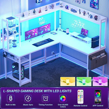 Aheaplus L Shaped Desk with Power Outlet, L Shaped Gaming Desk with Led Light & Hutch, Reversible Home Office Desk, Corner Computer Desk Writing Desk with Monitor Stand & Storage Shelves, White