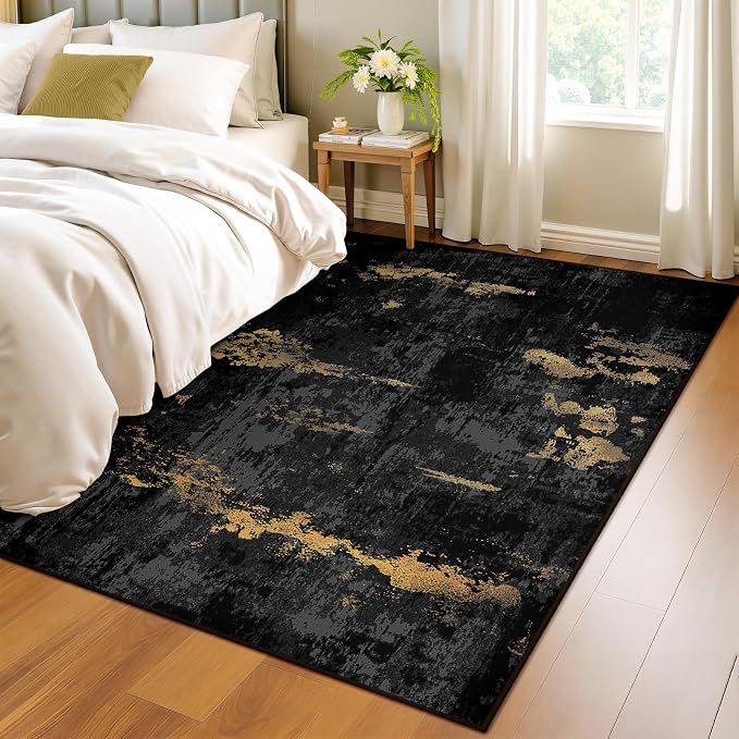 RELEANY Washable Area Rugs 4x5 Non-Slip Modern Abstract Soft for Living Room Entryway Bedroom Kitchen, Print Pattern, Dark Black Gold