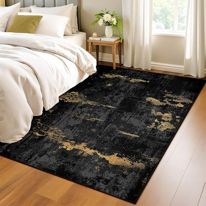 RELEANY Washable Area Rugs 4x5 Non-Slip Modern Abstract Soft for Living Room Entryway Bedroom Kitchen, Print Pattern, Dark Black Gold