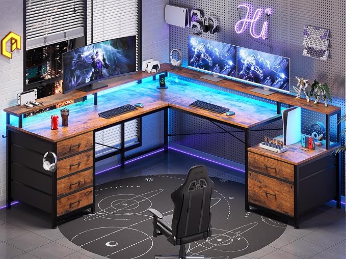 SEDETA L Shaped Desk with 6 Drawer, 108" Home Office Desk with File Drawer & Power Outlet, Corner Computer Desk with Monitor Shelf, Two Person Desk, Gaming Desk with Led Lights, Rustic Brown