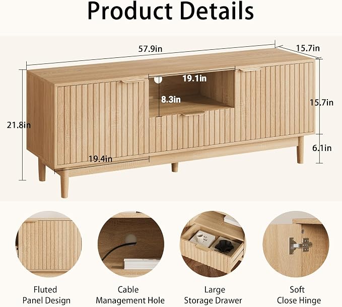 TV Stand and Coffee Table Set of 2, Mid Century Modern Lift Top Coffee Table, TV Console Table Living Room Table Sets for Living Room, Bedroom, Home Office, Oak