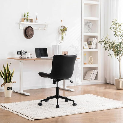 YOUNIKE Black Office Desk Chair with Wheels Comfy Armless Small Vanity Chair with Adjustable Rocking Back Modern Leather Upholstered Rolling Task Computer Chair Cute Swivel Drafting Chair Compact