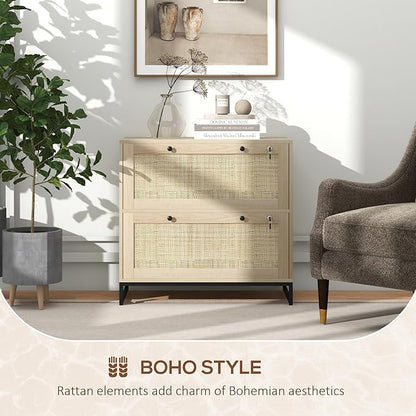 Vinsetto 2 Rattan Drawer File Cabinet with Lock, Lateral Filing Cabinet with Adjustable Hanging Bar for Letter, A4 and Legal Size Files, Printer Stand for Home Office, Natural