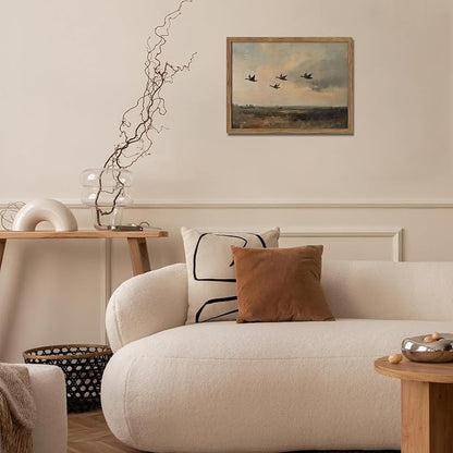 Framed Flying Ducks Canvas Wall Art, Rustic Countryside Landscape Painting, Vintage Birds Poster Print, Modern Farmhouse Ducks Wall Decor for Living Room Bedroom – 8x10 inch
