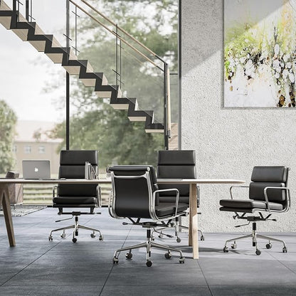 Genuine Leather Office Chair, Padded Mid Back Ergonomic Executive Desk Chair with Aluminum Arm Rest and Base, Swivel Wheels with Lumbar Support & Tilting Function, Hight Adjustable, Black