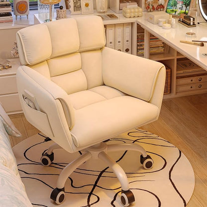 DurayLoly Vanity Chair with Wheels & Soft Velvet Fabric, Desk Chair Comfy with Back, Upholstered Home Office Chair with Side Pockets for Bedroom, Office, Make-up Room, Height Adjustable, Beige