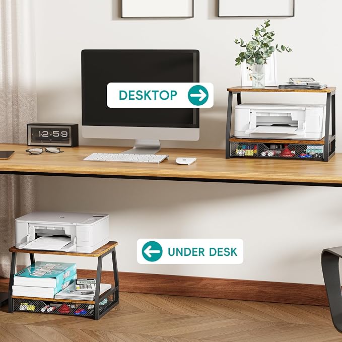 2-Tier Printer Stand with Storage, Desktop Organizer for Printer Paper, Desk Shelf for Office and Home Printers‌ Tables, Black