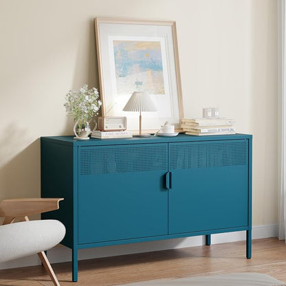 Metal Storage Cabinet with 2 Doors & Adjustable Shelves, 25" H Blue Accent Cabinet, Metal Locker Storage Cabinets, Tv Stand Cabinet for Home, Office, Living Room, Entryway
