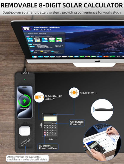 TopMade Mouse Pad with 15W Wireless Charging, Removable 8-Digit Solar Calculator, Exact Large Desk Pad, Waterproof Mousepad Home Office Desk Mat (Includes 20W PD Power Adapter & 6.56ft Woven Cable)