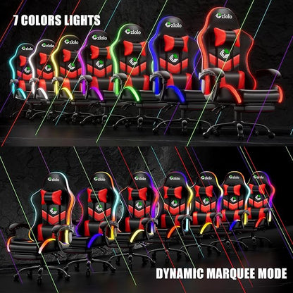Czlolo Gaming Chair, 2026 Upgraded RGB LED Lights Computer Chair with Footrest, Lumbar Support Massager Gamer Chair, High Back, 90-135° Reclining, Linkage Armrests, Red