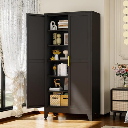 Black Metal Storage Cabinet,75" Steel Cabinets for Home Office, Kitchen Pantry Storage Cabinet with Doors and 5 Adjustable Shelves, Tool Cabinets, for Office, Home, Garage, School, 36W