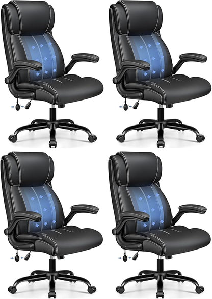 BESTFAIR Ergonomic Office Chair - Desk Computer Chair, Leather High Back Executive Chairs with Adjustable Lumbar Support & Flip Up Arms, Black 4 Pack