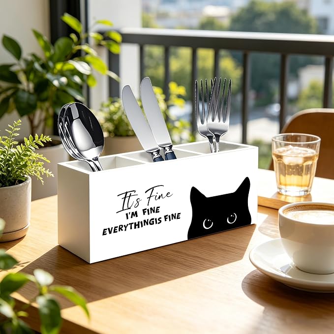 Funny Sarcastic Black Cat Pen Pencil Holder Organizer for Office Desk Accessories, Funny Office Gifts for Coworkers, It's Fine I'm Fine Everything Is Fine Wood Signs for Desk Tabletop Decor