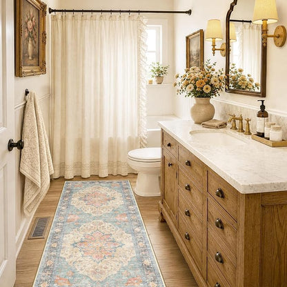 RELEANY Area Rugs Runner 2'x6' Washable Non-Slip, Floral Vintage Distress Medallion Carpet for Kitchen Hallway Bedroom Beside Laundry Room Bathroom, Blue Orange Red