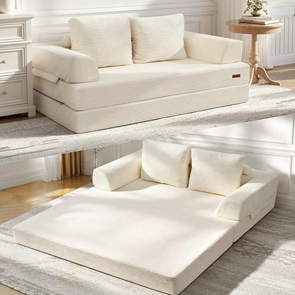 COMAX Futon Sofa Bed, Convertible Folding Sofa Bed, Boneless Couch Loveseat Corduroy with Pillows, Small Foldable Floor Couch Comfy Lounge Sleeper for Living Room Bedroom, Beige