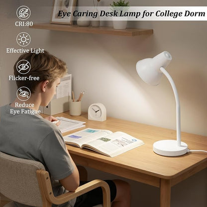 LED Desk Lamp with Flexible Gooseneck, Eye-Caring 4.5W Energy-Saving Study Lamps, Anti-tip Heavy Duty Bedside Reading Light, Desk Lamps for College Dorm Room, Home Office, Modern Lamp with 1.6m Cord