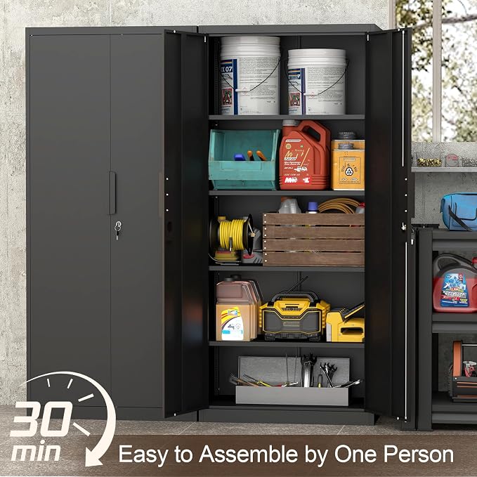 GREATMEET Metal Garage Storage Cabinet, Black Lockable Storage Cabinets with Doors and Shelves,Utility Cabinet for Shop Home Office Garage