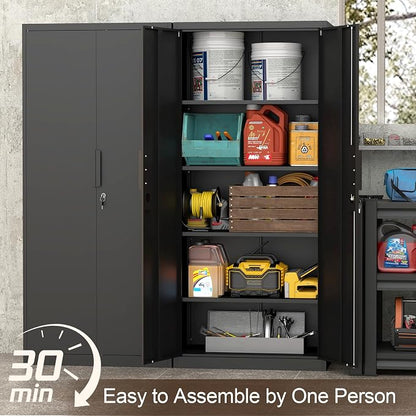 GREATMEET Metal Garage Storage Cabinet, Black Lockable Storage Cabinets with Doors and Shelves,Utility Cabinet for Shop Home Office Garage