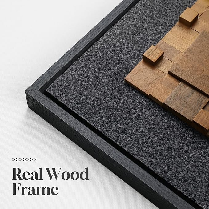 Framed 3D Textured Wood Abstract Wall Art Decor for Living Room, Modern Square Geometric Wooden Artwork for Walls, Minimalist Black Sandstone Wall Decor for Hallway, Kitchen, Bedroom, Office, 20x20