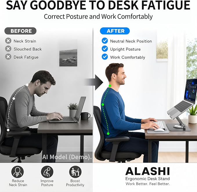ALASHI Laptop Stand for Desk with 360° Rotating Base, Multi-Angle Adjustable Laptop Stands, Foldable Laptop Riser Compatible with 10 to 17 Inches PC Computer, Grey