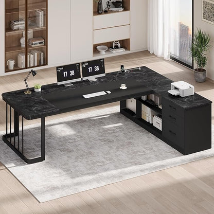 UPOSOJA 78.7" Executive Desk, Large Office Desk with Drawers & Storage Shelves, Modern L Shaped Computer Desk Corner Desk with Power Outlets, File Cabinet, Business Furniture Desk Workstation (Black)