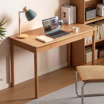 Solid Wood Computer Desk, Mid-Century Modern Home Office Desk with Storage Drawers, Writing Table for Study & Living Room 47.24" W Natural Wood