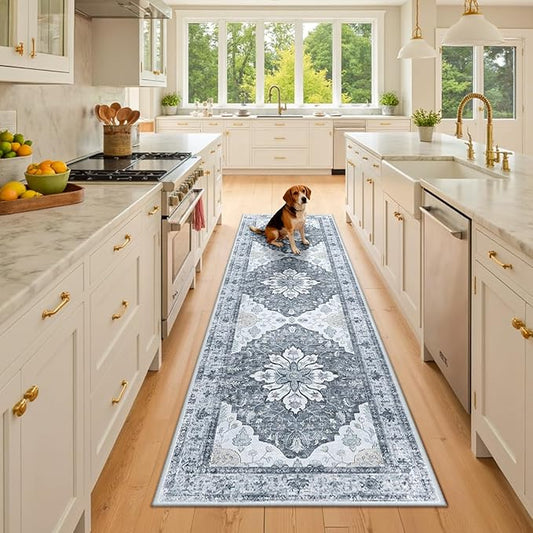 RELEANY Area Rugs Runner 2'6"x8' Washable Non-Slip, Floral Vintage Distress Medallion Carpet for Kitchen Hallway Bedroom Beside Laundry Room Bathroom, Light Gray Grey White