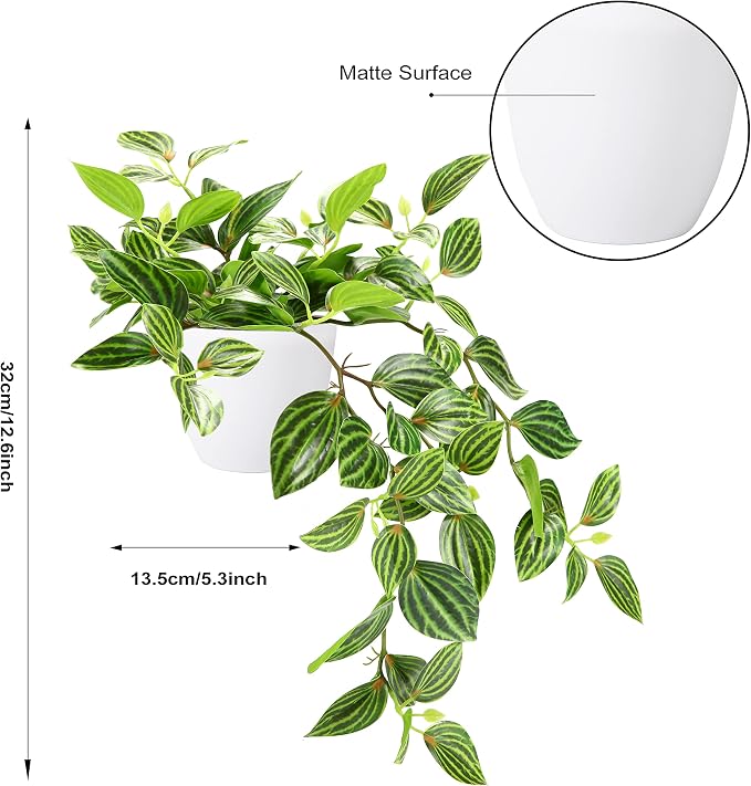 SOGUYI Fake Plants, Artificial Plants 15 Inch Faux Peperomia Watermelon Plants for Indoor Outdoor Decor,Realistic Artificial Hanging Plants in Pot for Home Office Perfect Housewarming Gift