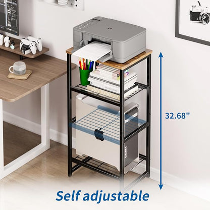 Industrial 3 Tier Printer Stand, Home Printer Wood Table with Wire Storage Shelf for Scanner Fax Machine, Heavy Duty Metal, Rustic Brown with Burly Wood Board